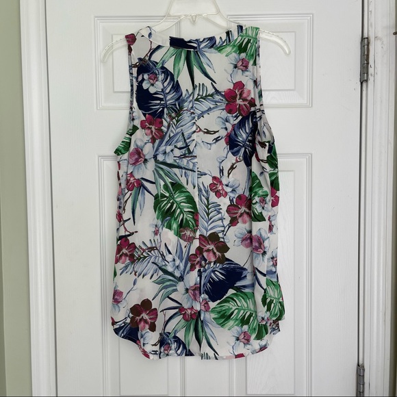 Tropical floral button down sleeveless top, palm leaf hibiscus print - Picture 5 of 5